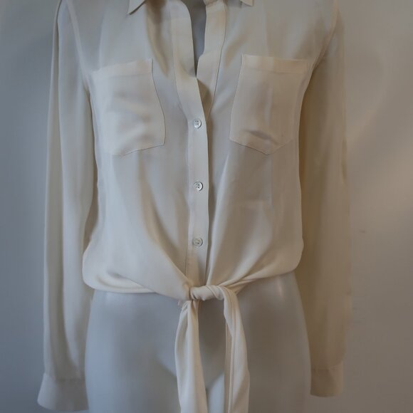 Women Theory Ivory Pure Silk Front Tie Cropped Blouse Top M - Picture 4 of 12